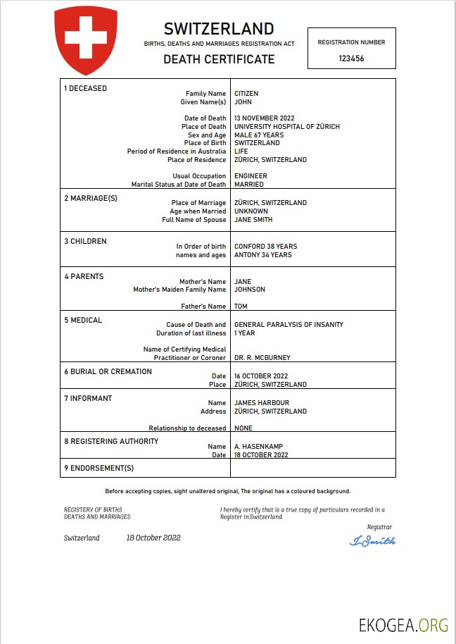 Modèle Word et PDF de certificat de décès de l'état civil de la Suisse